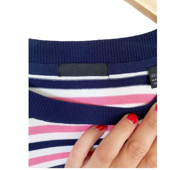 ATM Anthony Thomas Melillo Sweater Striped Long Sleeves Cotton Navy Pink XS NWOT - Picture 5 of 9